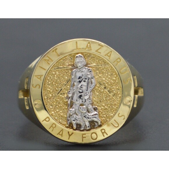 Real 10K Yellow Gold 17mm Mens Saint Christopher Pray For US Ring 4.8g All Sizes - Picture 1 of 5